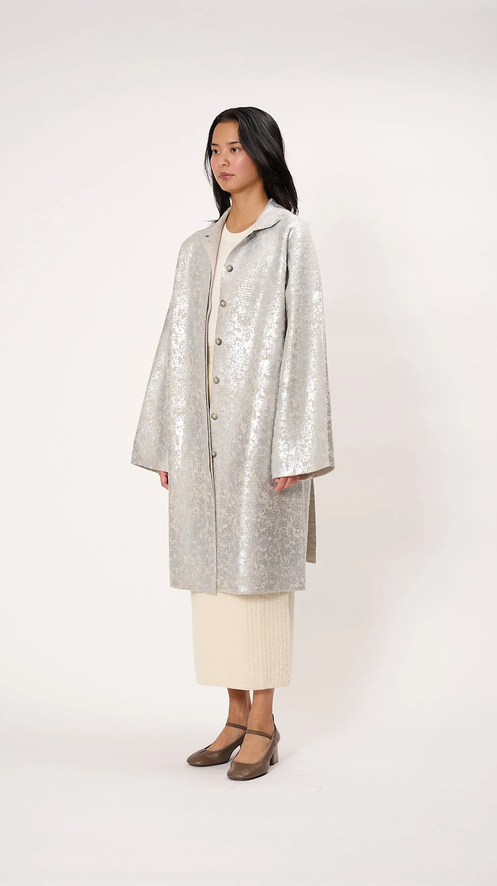 Foil Car Coat in Silver Carrara