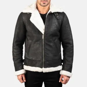 Francis B-3 Distressed Black Leather Bomber Jacket