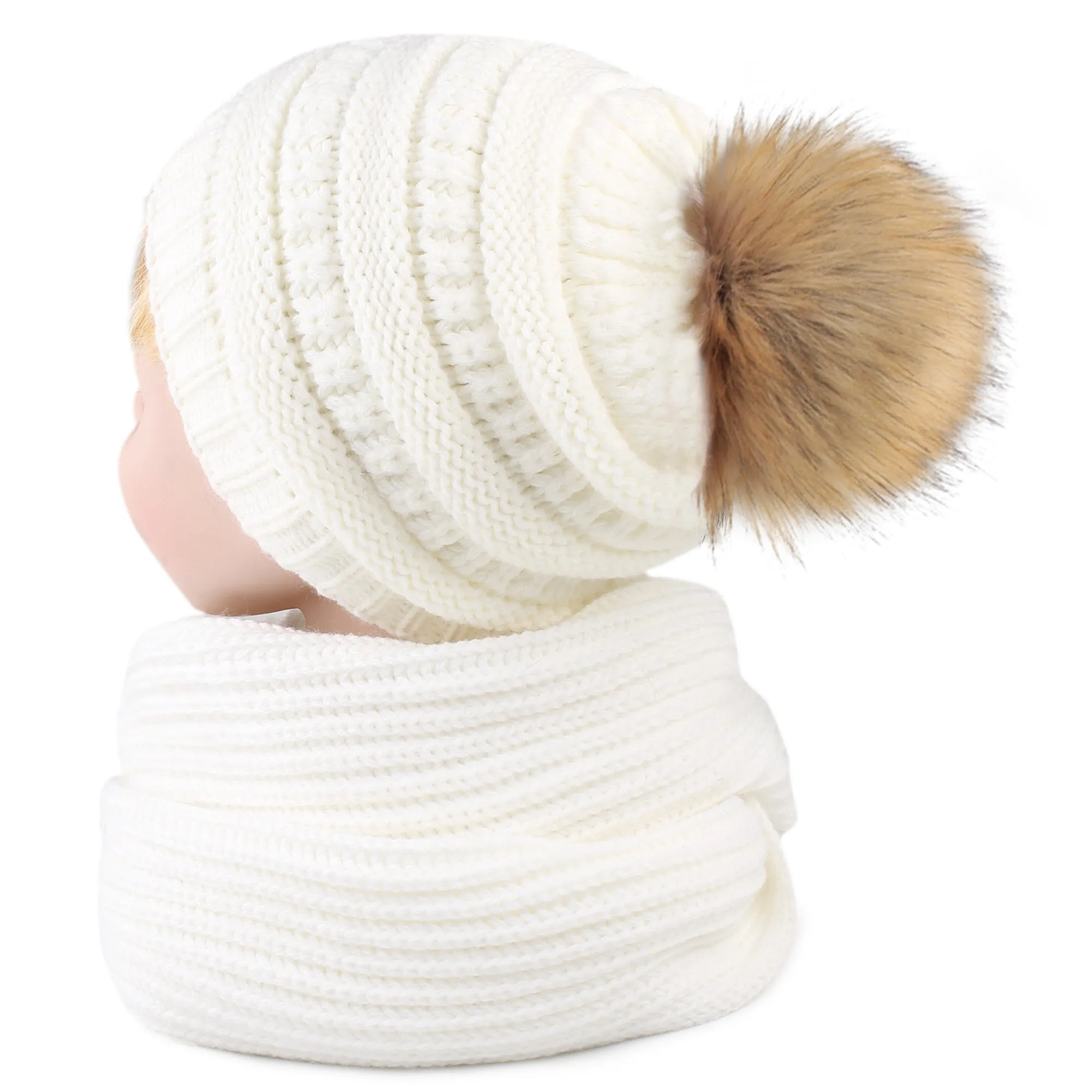 FURTALK  Kids Winter Faux Fur Pom Pom Hat Scarf Set Drop Shipping HTWL011