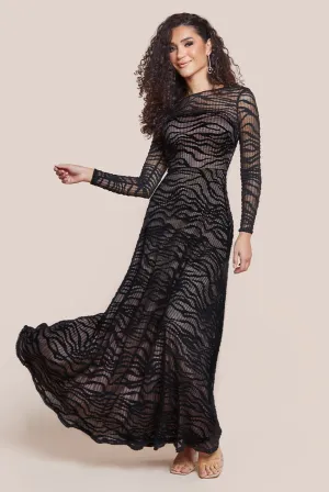 Goddiva Geo Wave Flare Skirt Long Sleeve Maxi Dress - Black