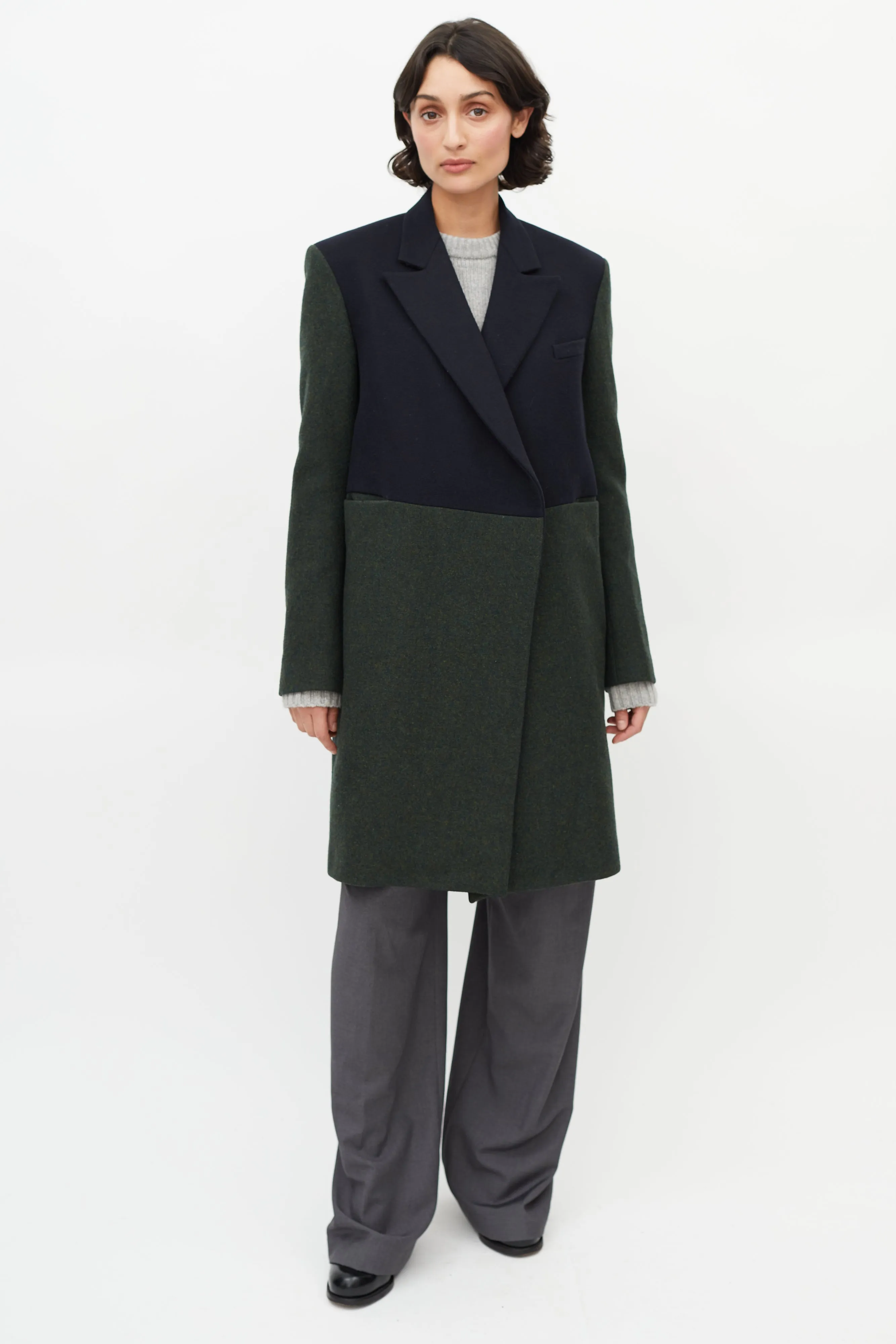 Green & Navy Wool Panelled Coat