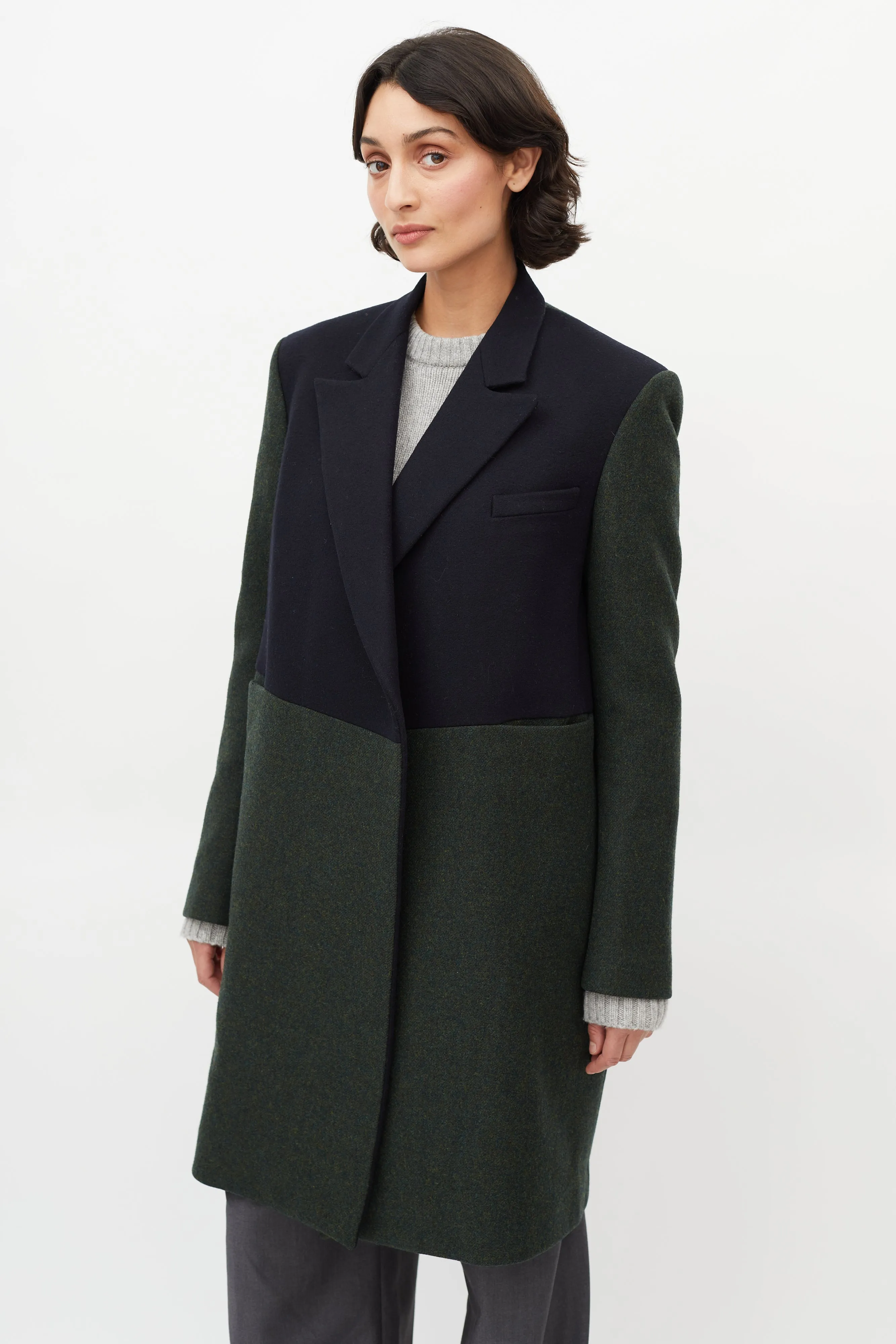 Green & Navy Wool Panelled Coat