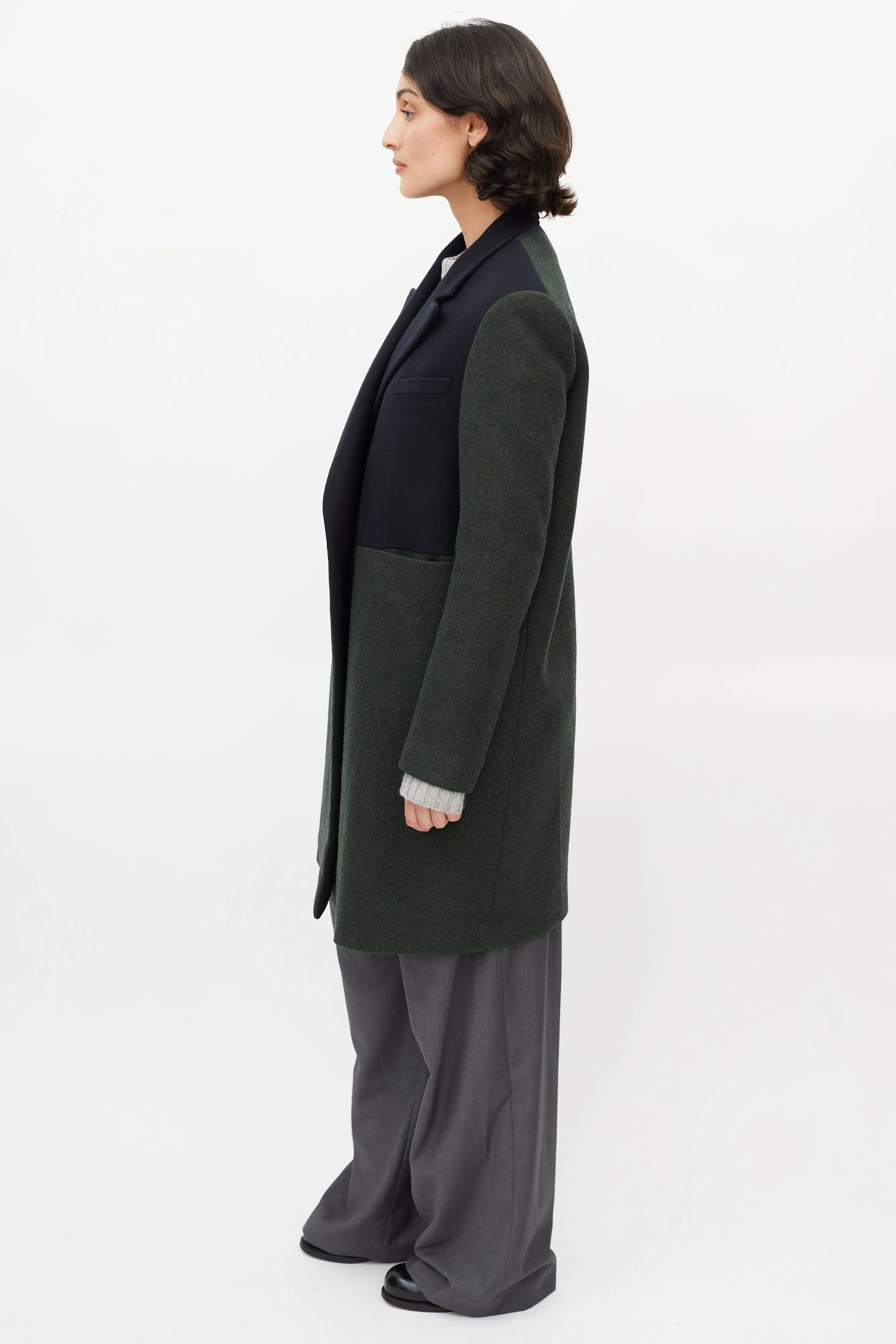 Green & Navy Wool Panelled Coat