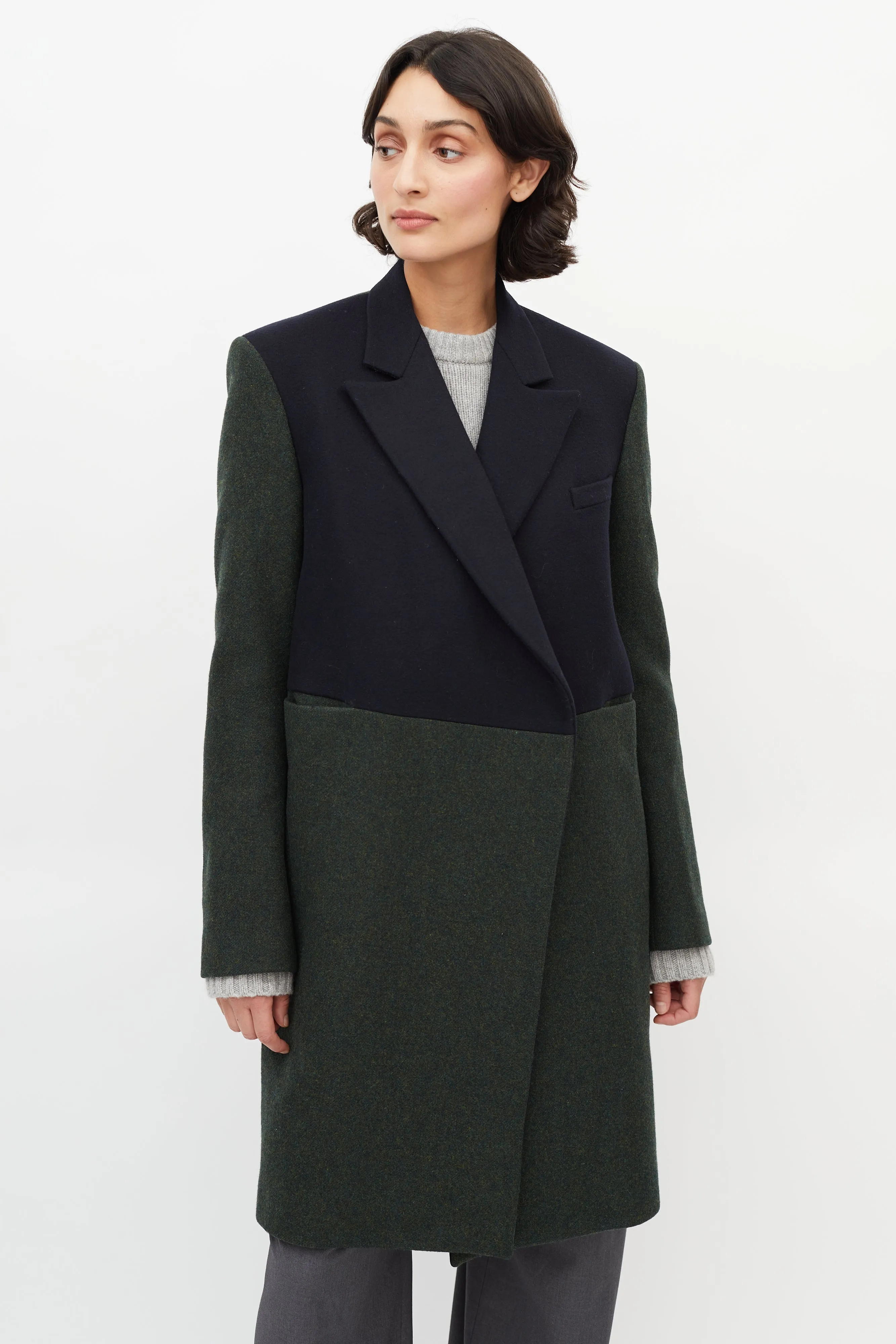 Green & Navy Wool Panelled Coat