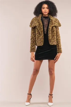 Green Leopard Print Faux Fur Open Front Oversized Collar Jacket /2-2-2