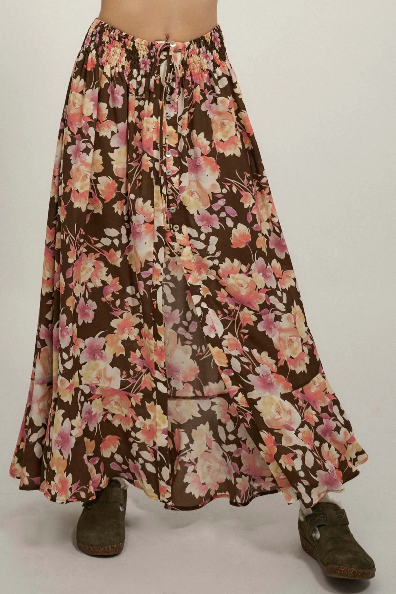 Harvest Dawn Floral Button-Front Maxi Skirt