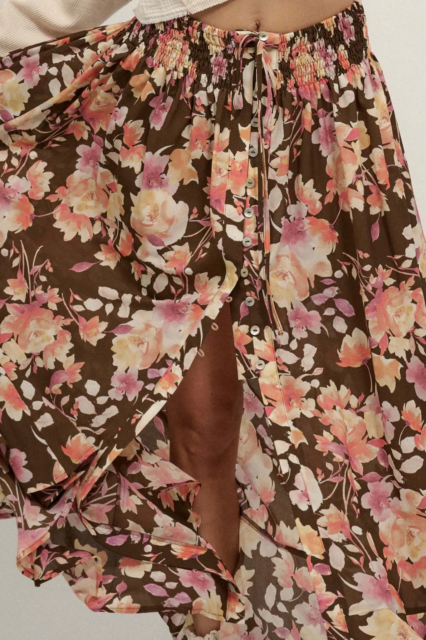 Harvest Dawn Floral Button-Front Maxi Skirt