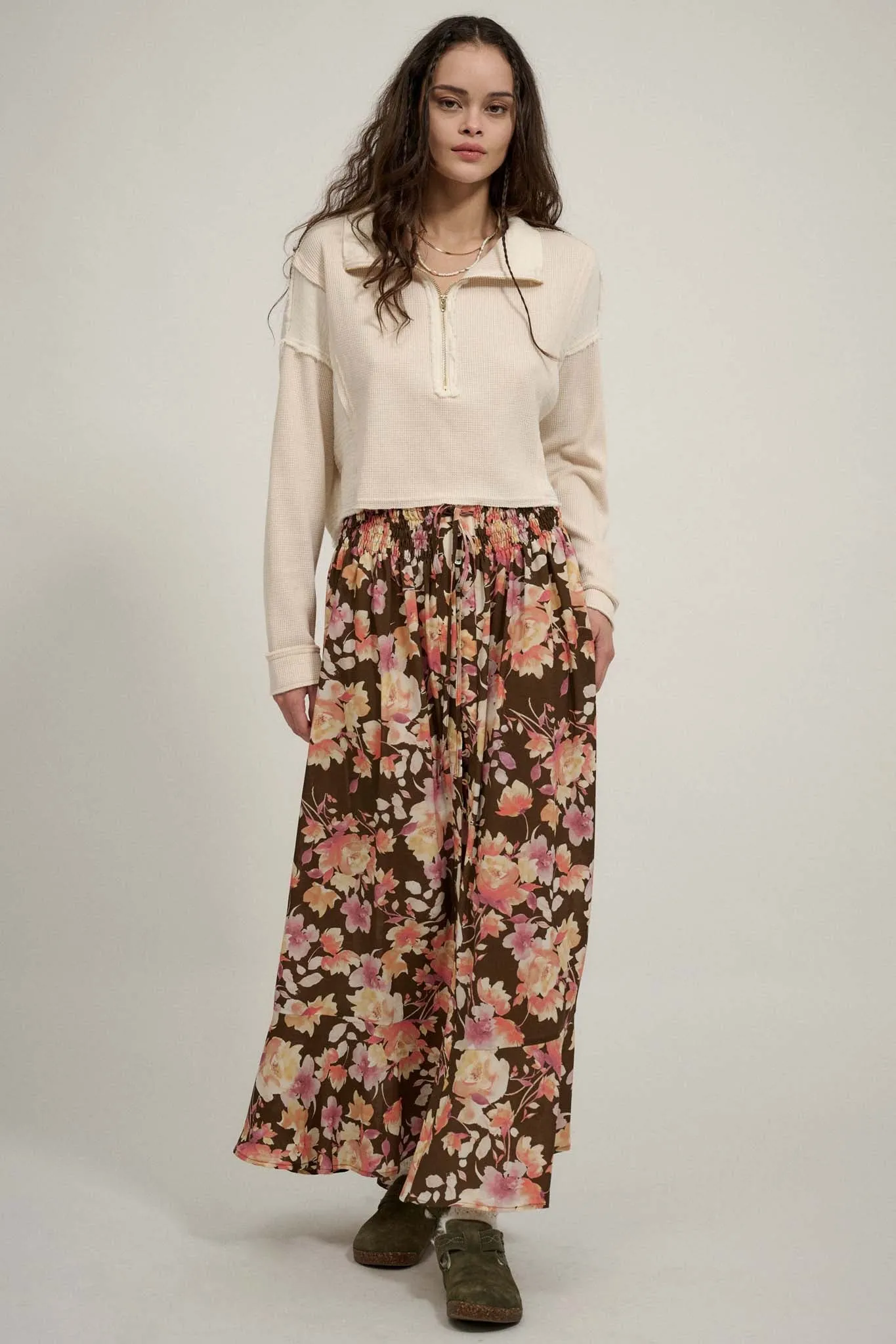 Harvest Dawn Floral Button-Front Maxi Skirt