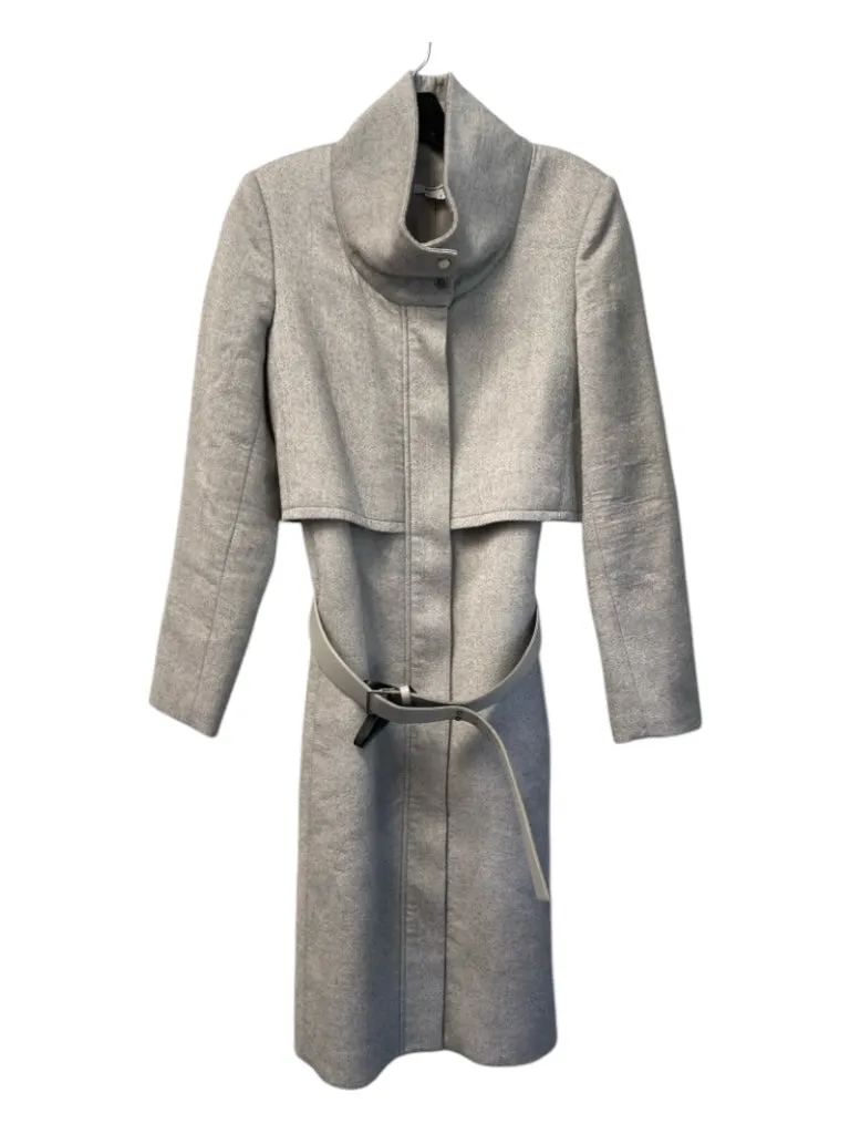 Helmut Lang Size S Gray Virgin Wool Blend Funnel Neck Zip Front Belted Long Coat