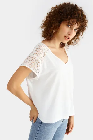 Hollow Contrast Lace V Neck Top