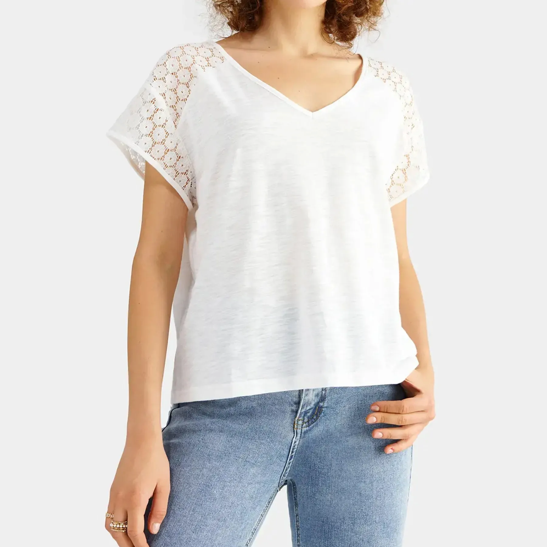 Hollow Contrast Lace V Neck Top