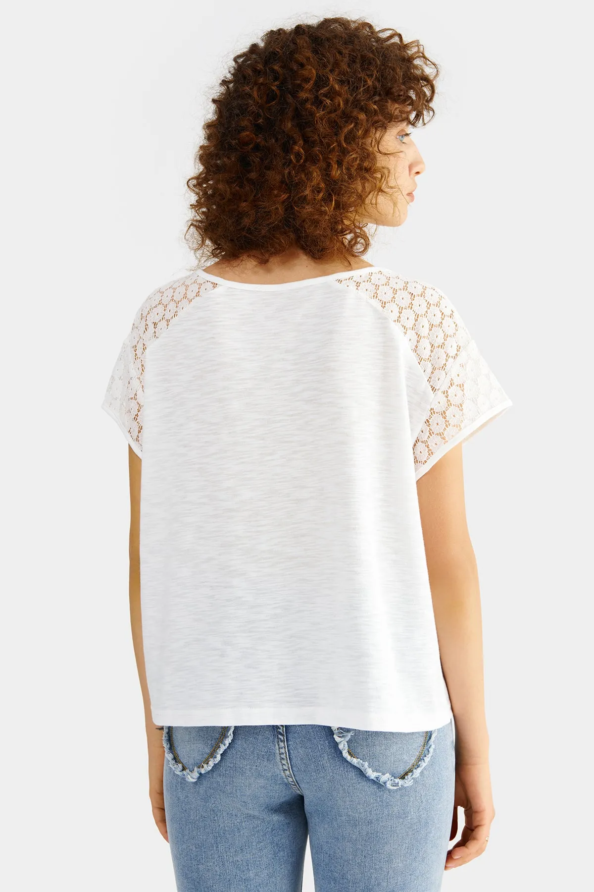 Hollow Contrast Lace V Neck Top