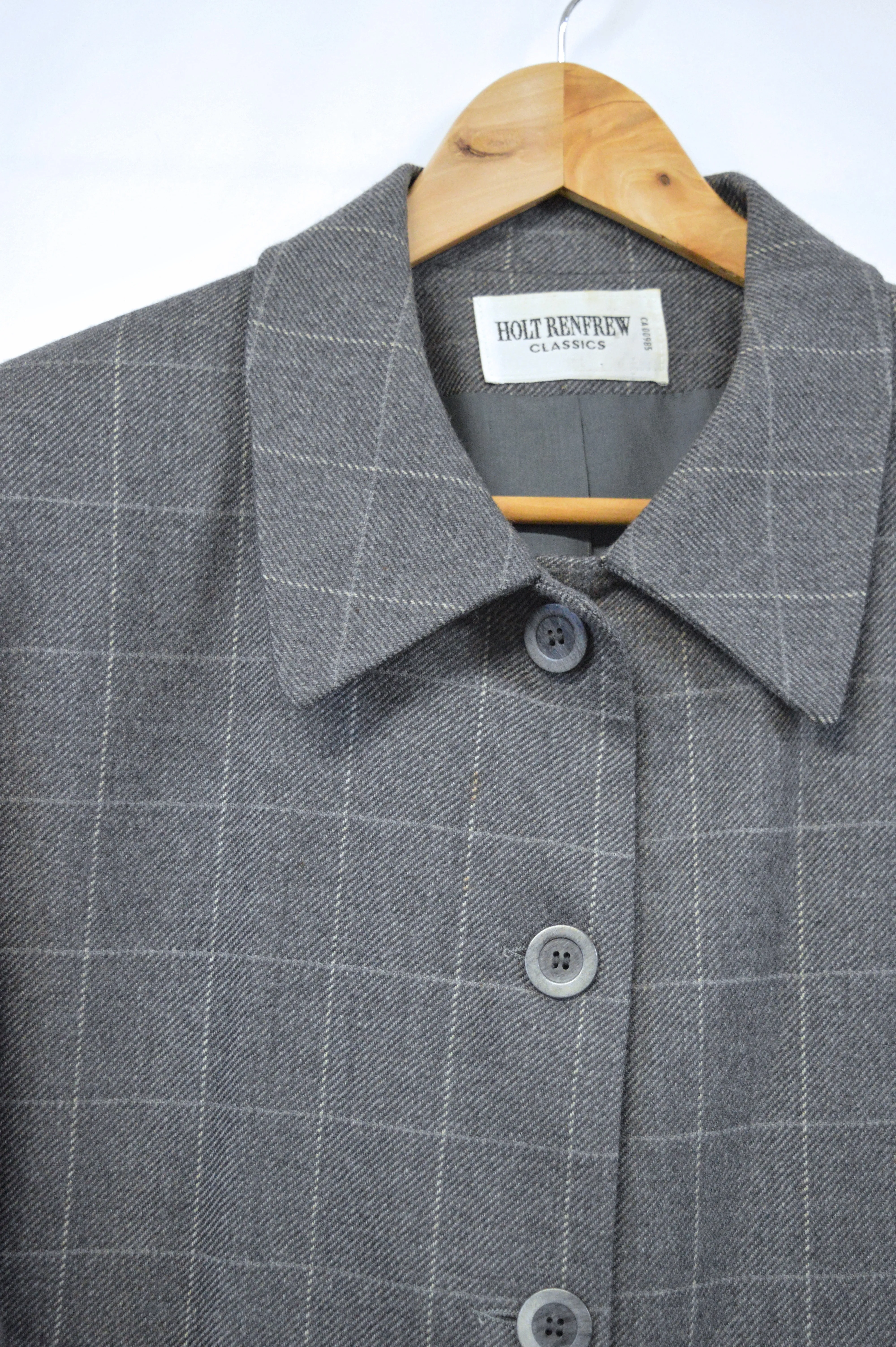 Holt Renfrew Classics Gray Plaid Wool Blazer | L