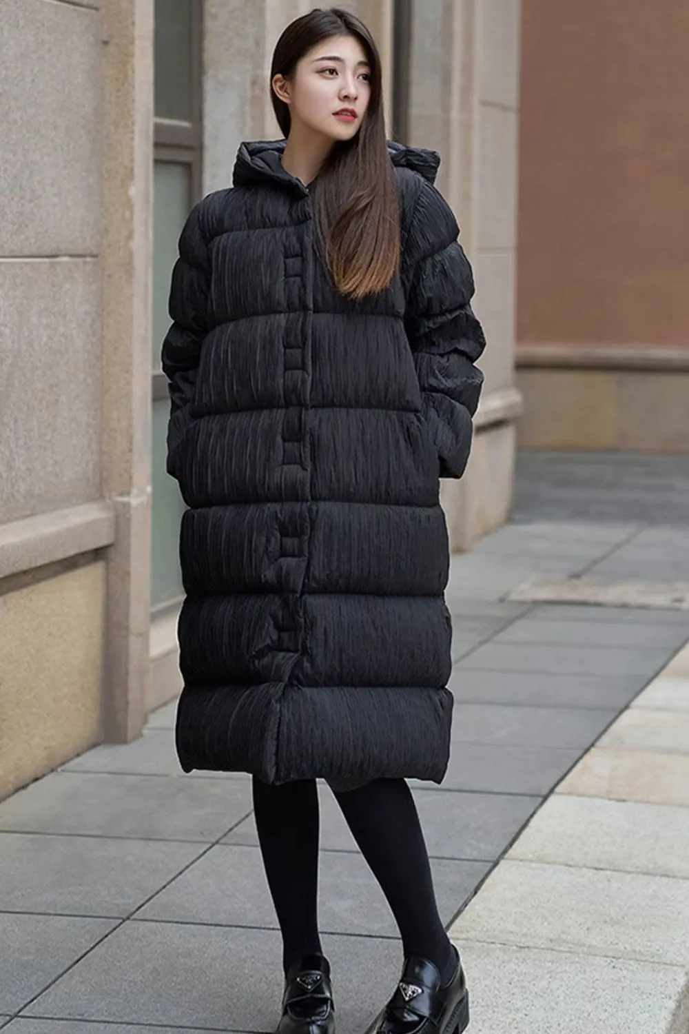 Hooded Pleated Long Down Puffer Coat