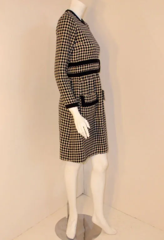 JEAN PATOU 1960s Wool Houndstooth Day Dress with Pockets