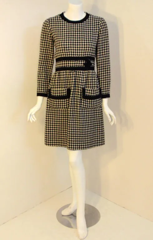 JEAN PATOU 1960s Wool Houndstooth Day Dress with Pockets