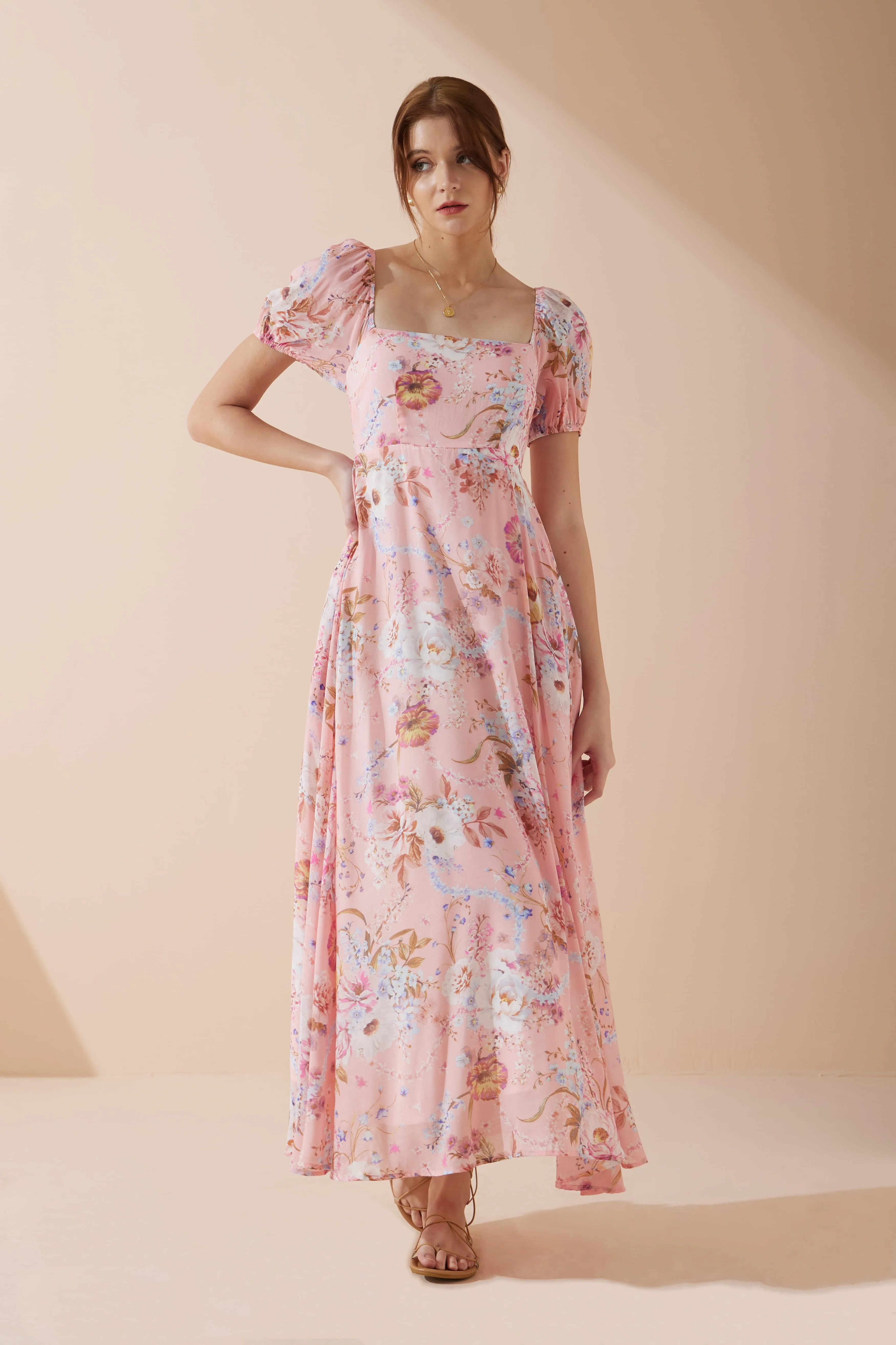 Juliette Pink Floral Puff Sleeve Maxi Dress