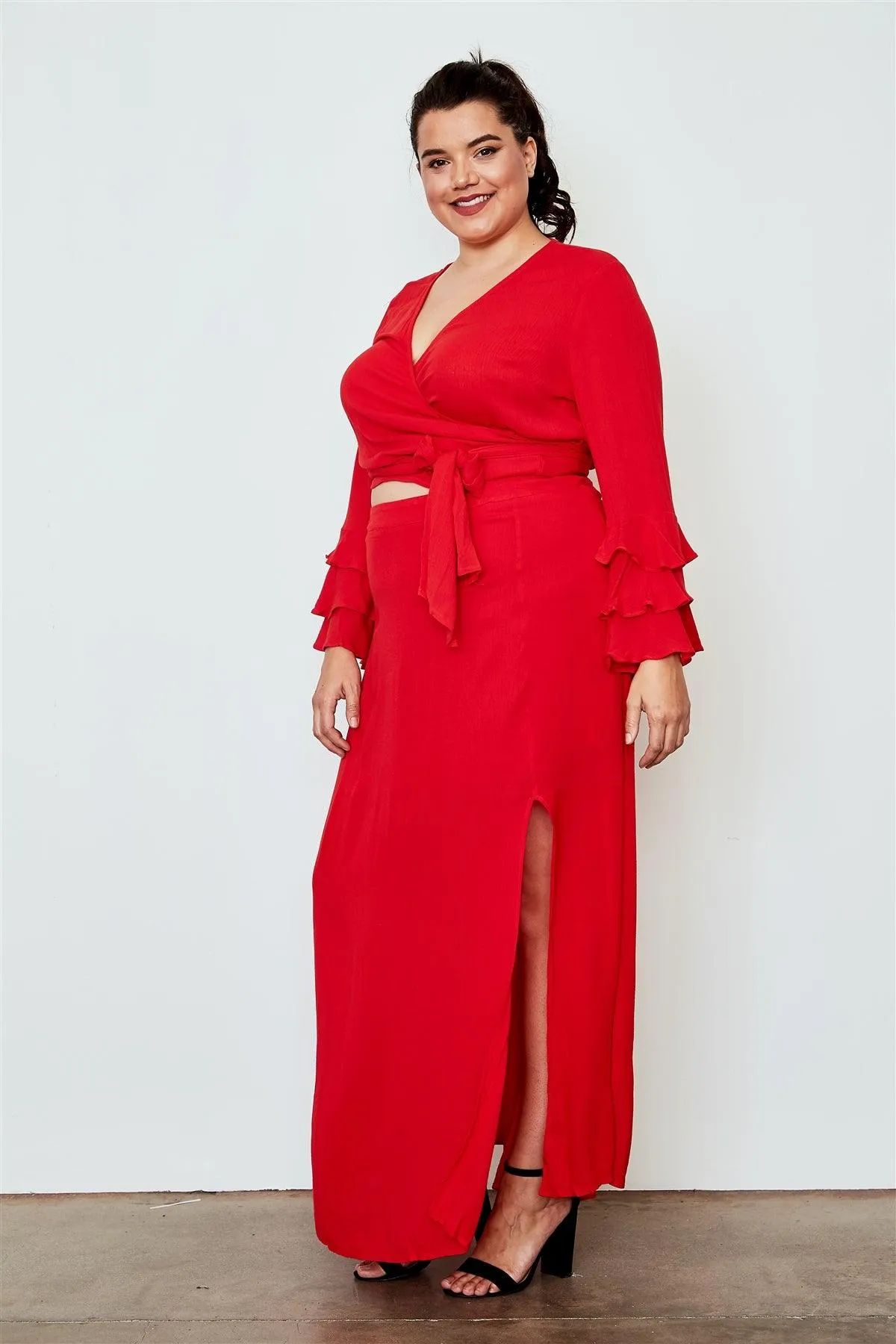 Junior Plus Size Berry Red Side Slit Maxi Skirt /2-2-2