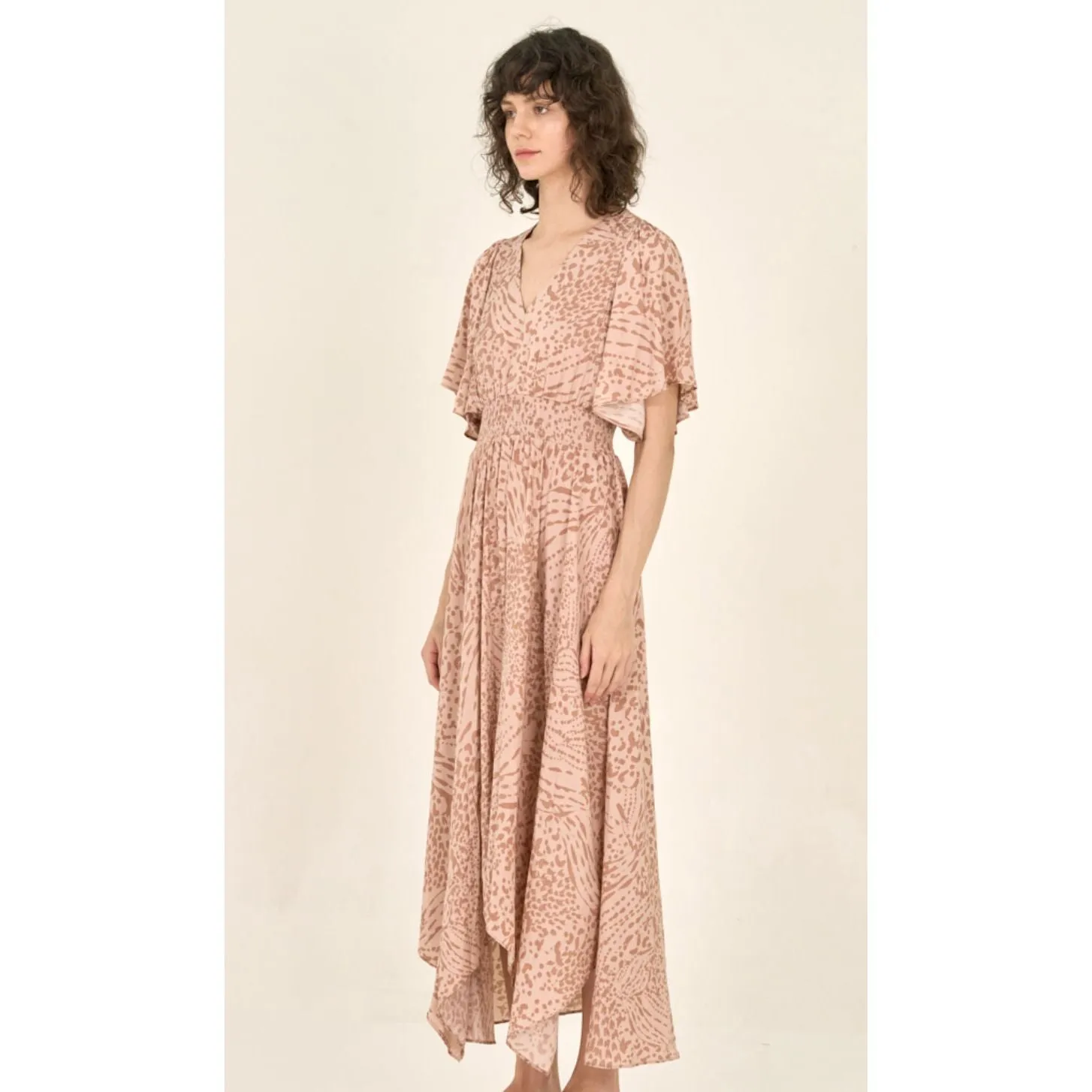 Kendall Grade and Gather Pink Smoke Printed Unbalanced Skirt Maxi Dress