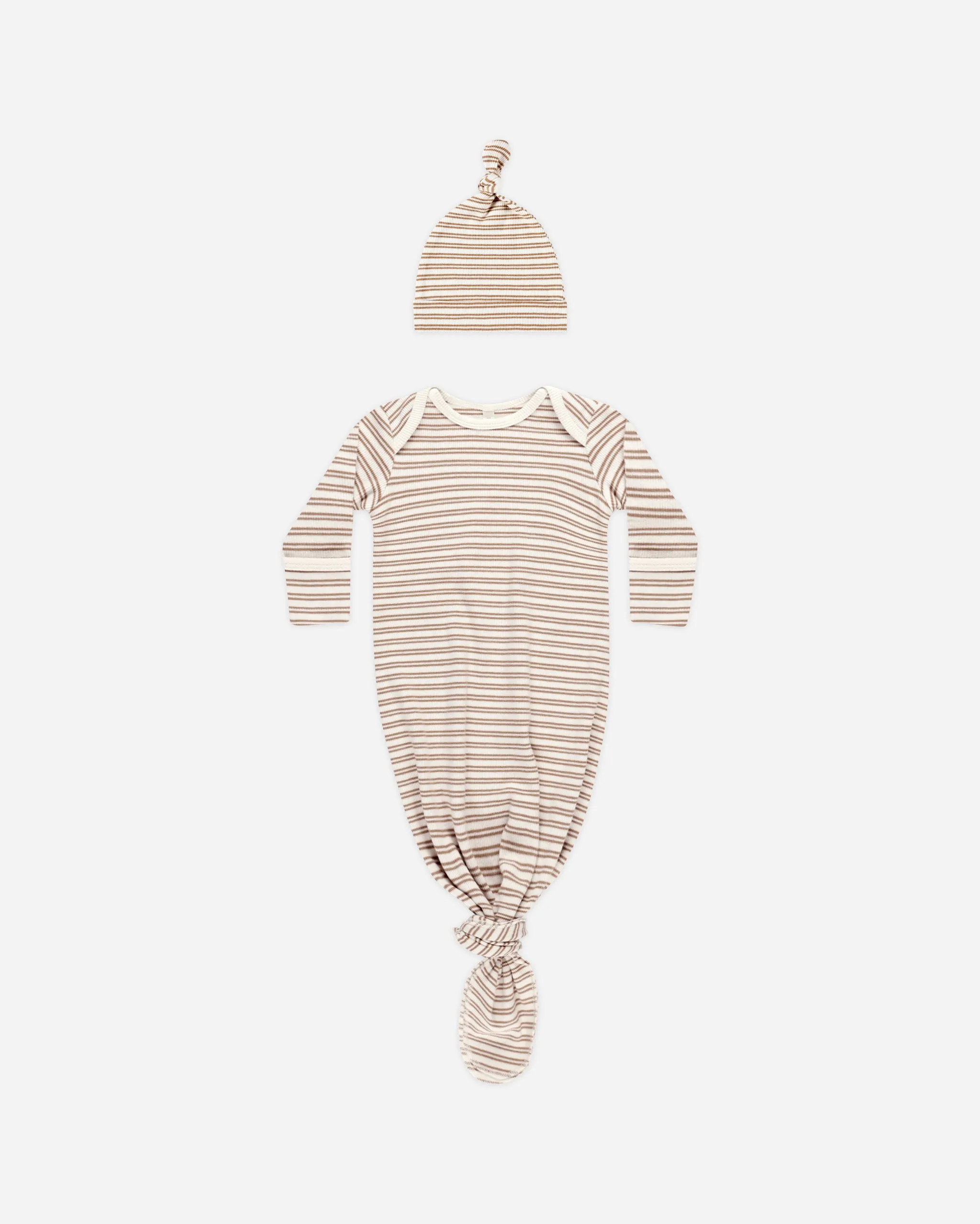 Knotted Baby Gown   Hat Set || Golden Stripe