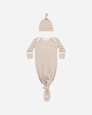 Knotted Baby Gown   Hat Set || Golden Stripe