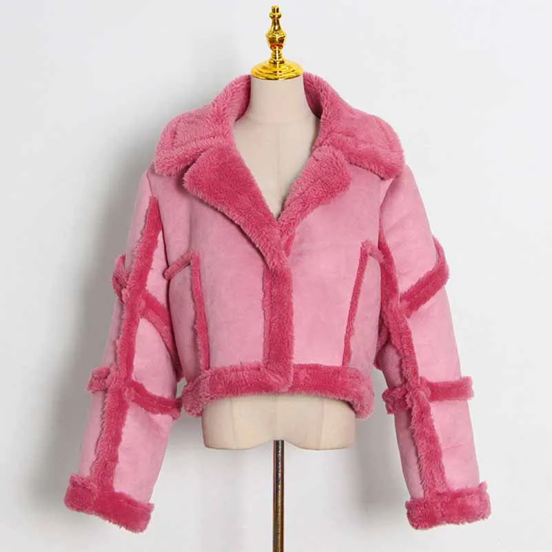 Lapel Collar patchwork lamb short woolen jacket for women