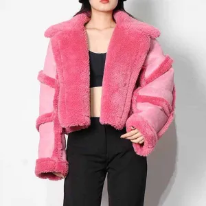 Lapel Collar patchwork lamb short woolen jacket for women