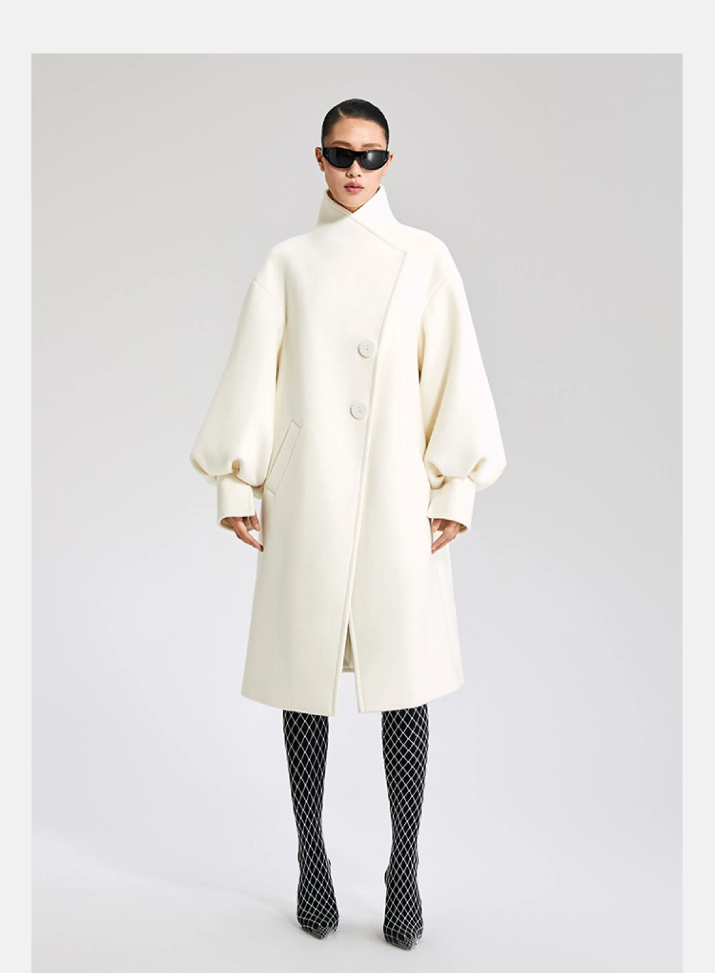 LEDIM W  wool white balloon sleeve long winter coat-SIGNER