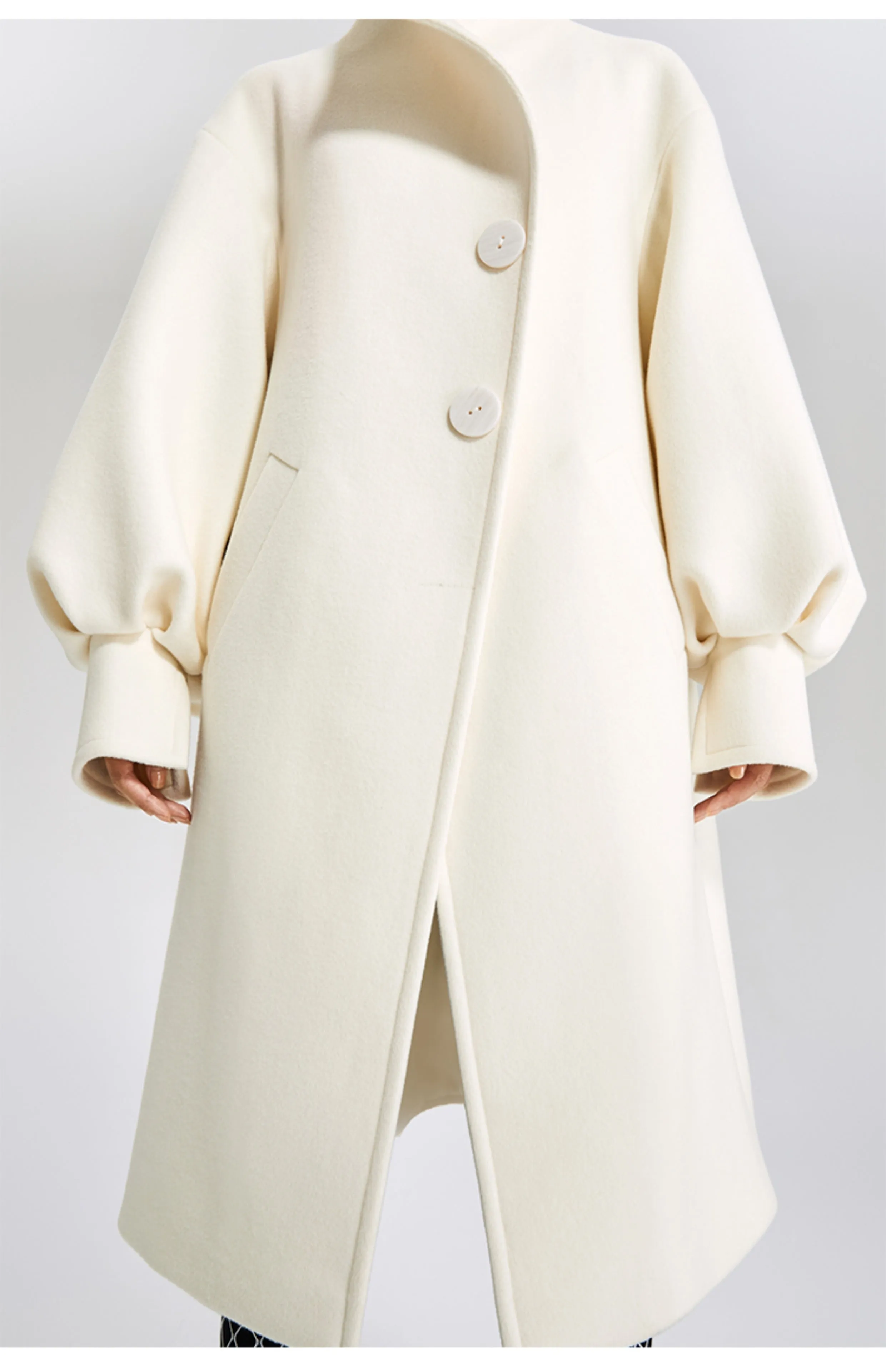 LEDIM W  wool white balloon sleeve long winter coat-SIGNER