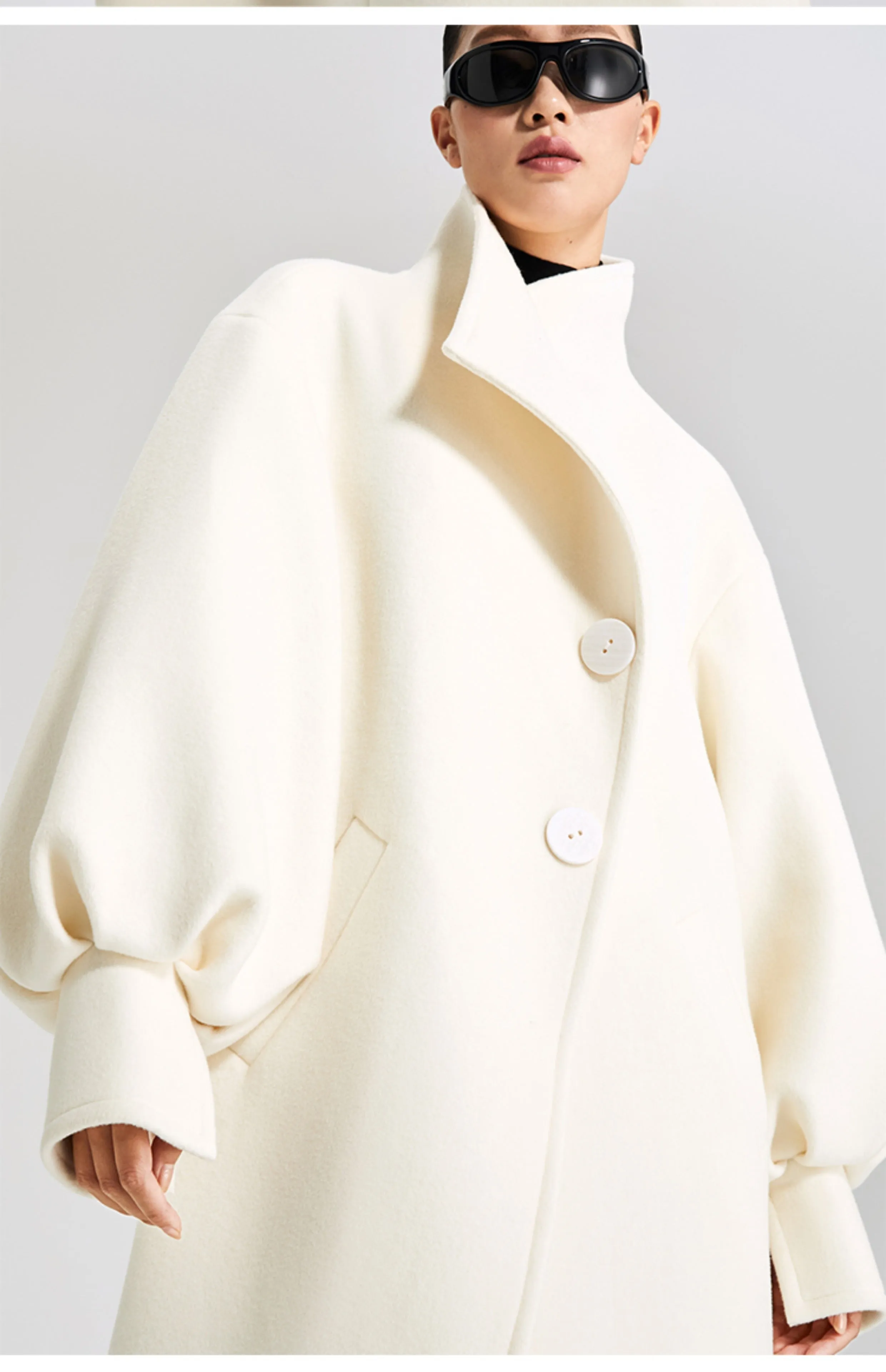 LEDIM W  wool white balloon sleeve long winter coat-SIGNER