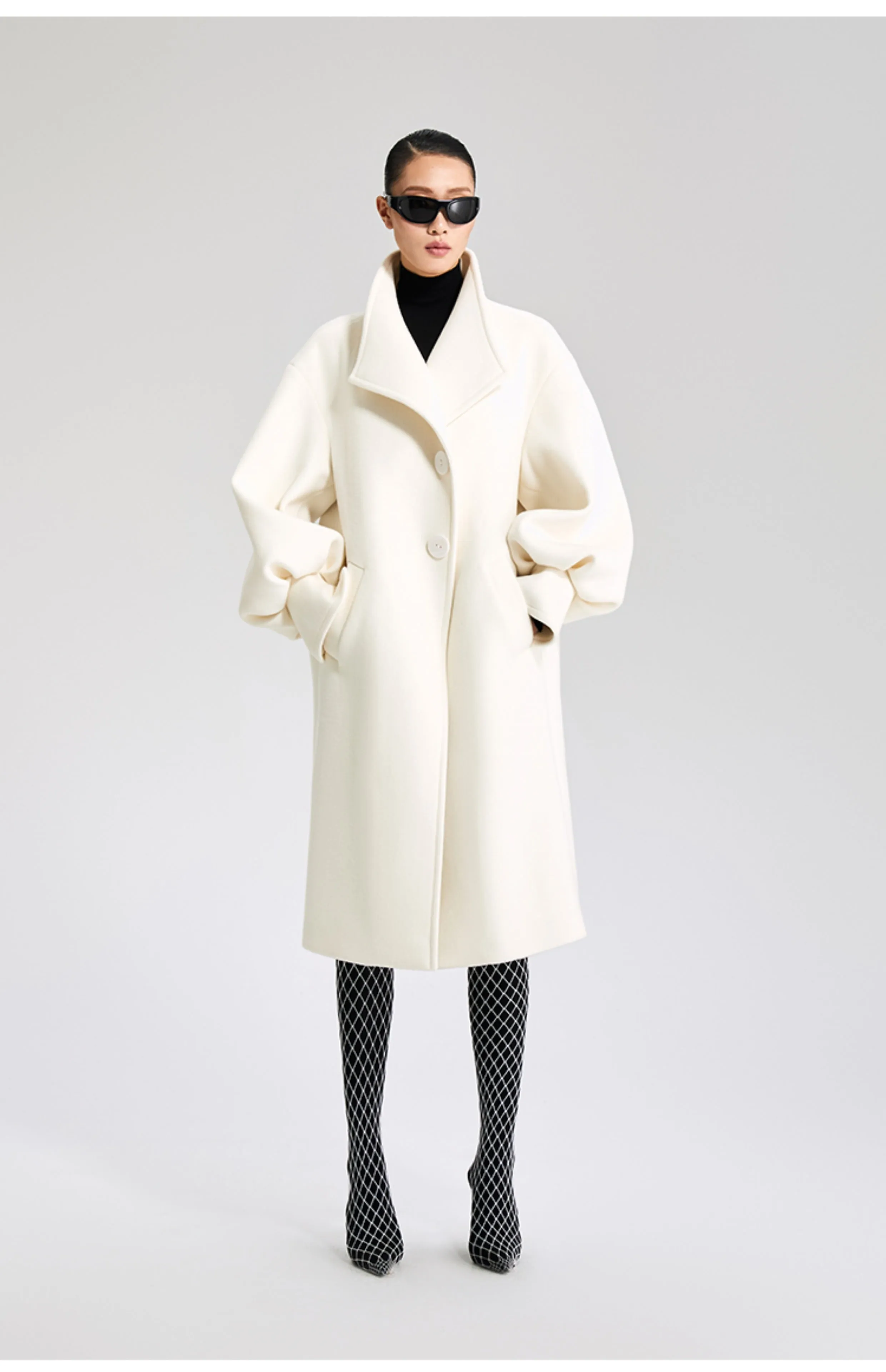 LEDIM W  wool white balloon sleeve long winter coat-SIGNER