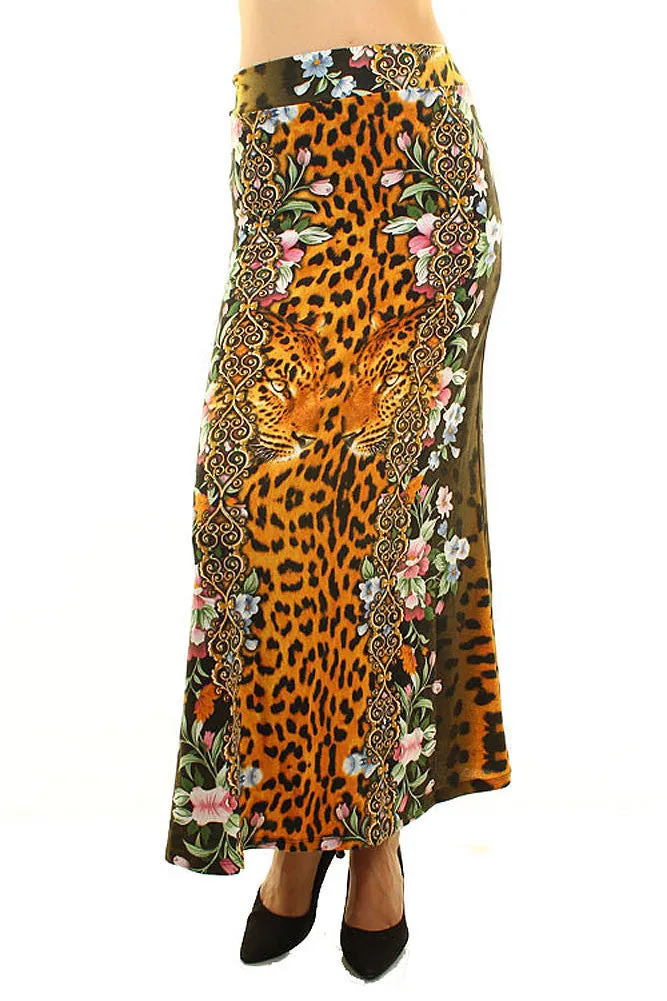 Leopard Floral Print Fashion Maxi Skirt