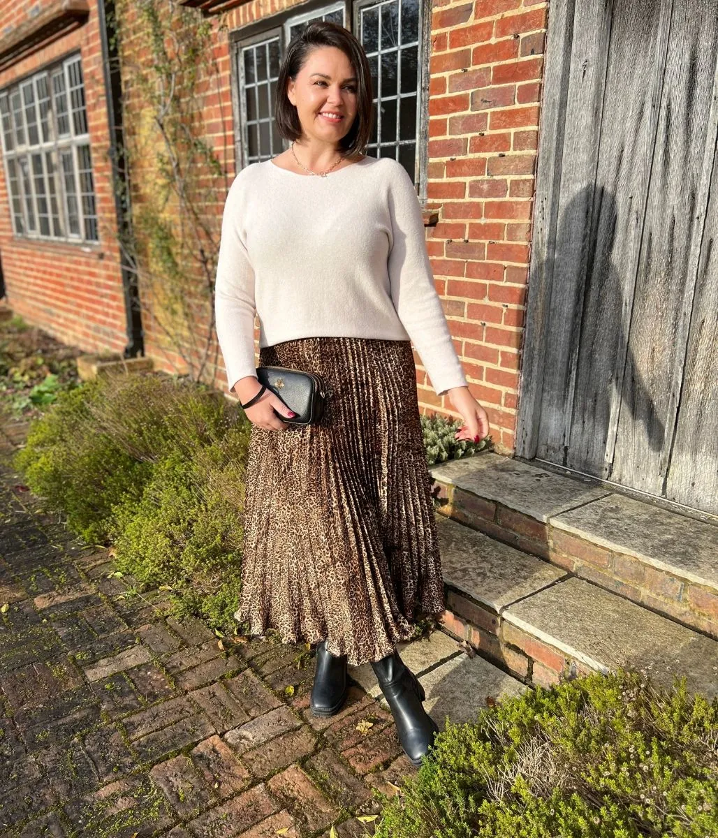 Leopard Print Satin Pleated Skirt