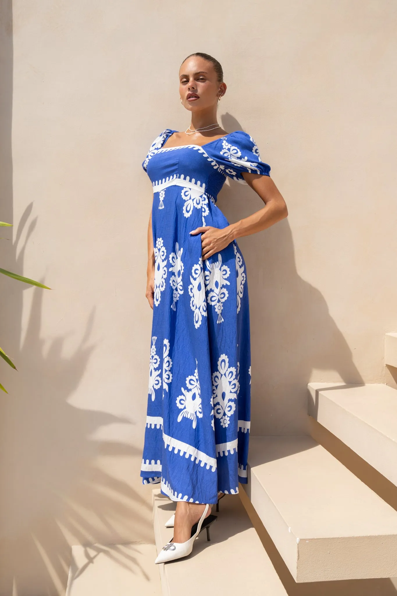 Lune Blue Abstract Puff Sleeve Maxi Dress