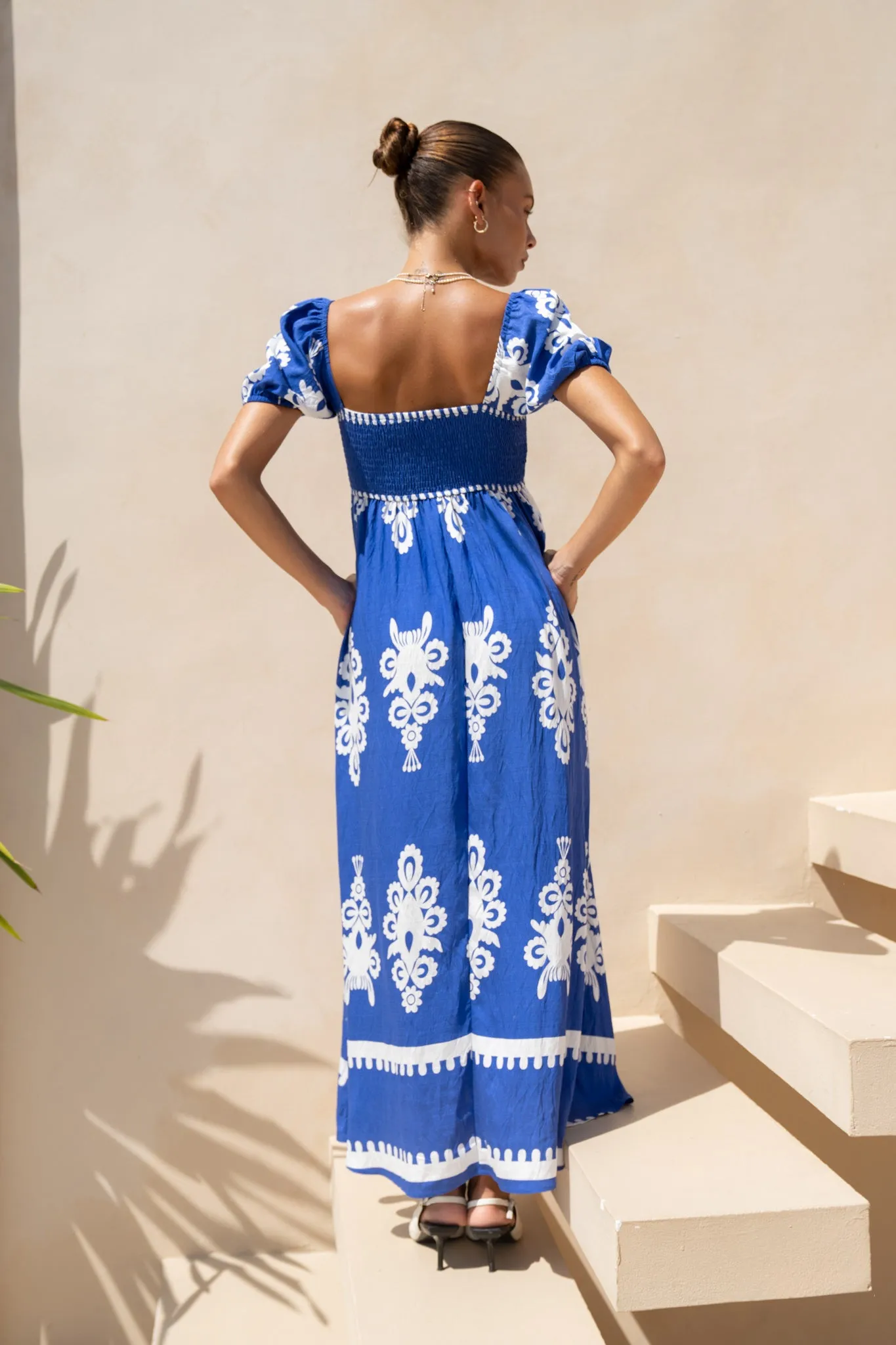 Lune Blue Abstract Puff Sleeve Maxi Dress