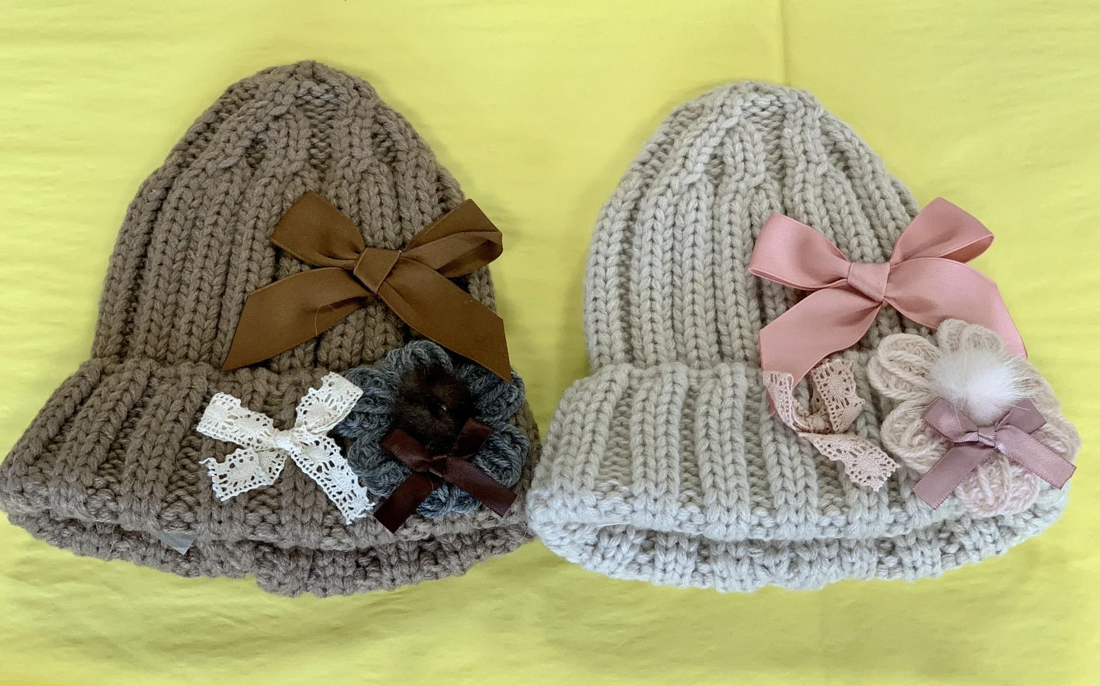 Mae Li Rose Little Girls Knit Bows Winter Hat in 2 Color Choices