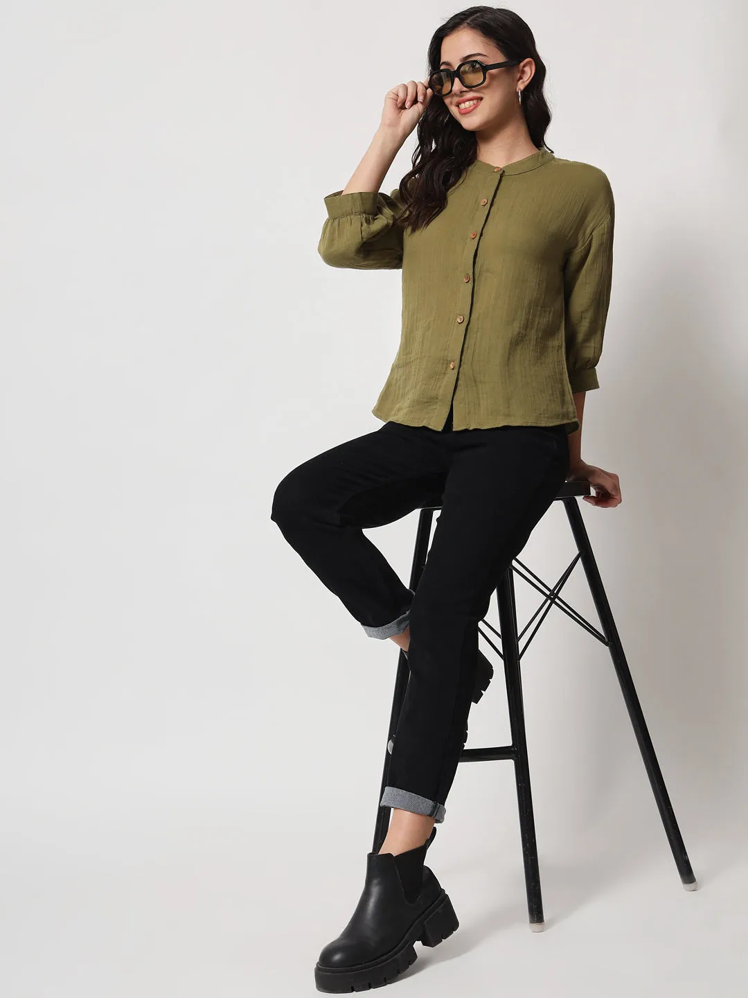 Mandarin Collar Cuffed Sleeves Cotton Shirt Style Top