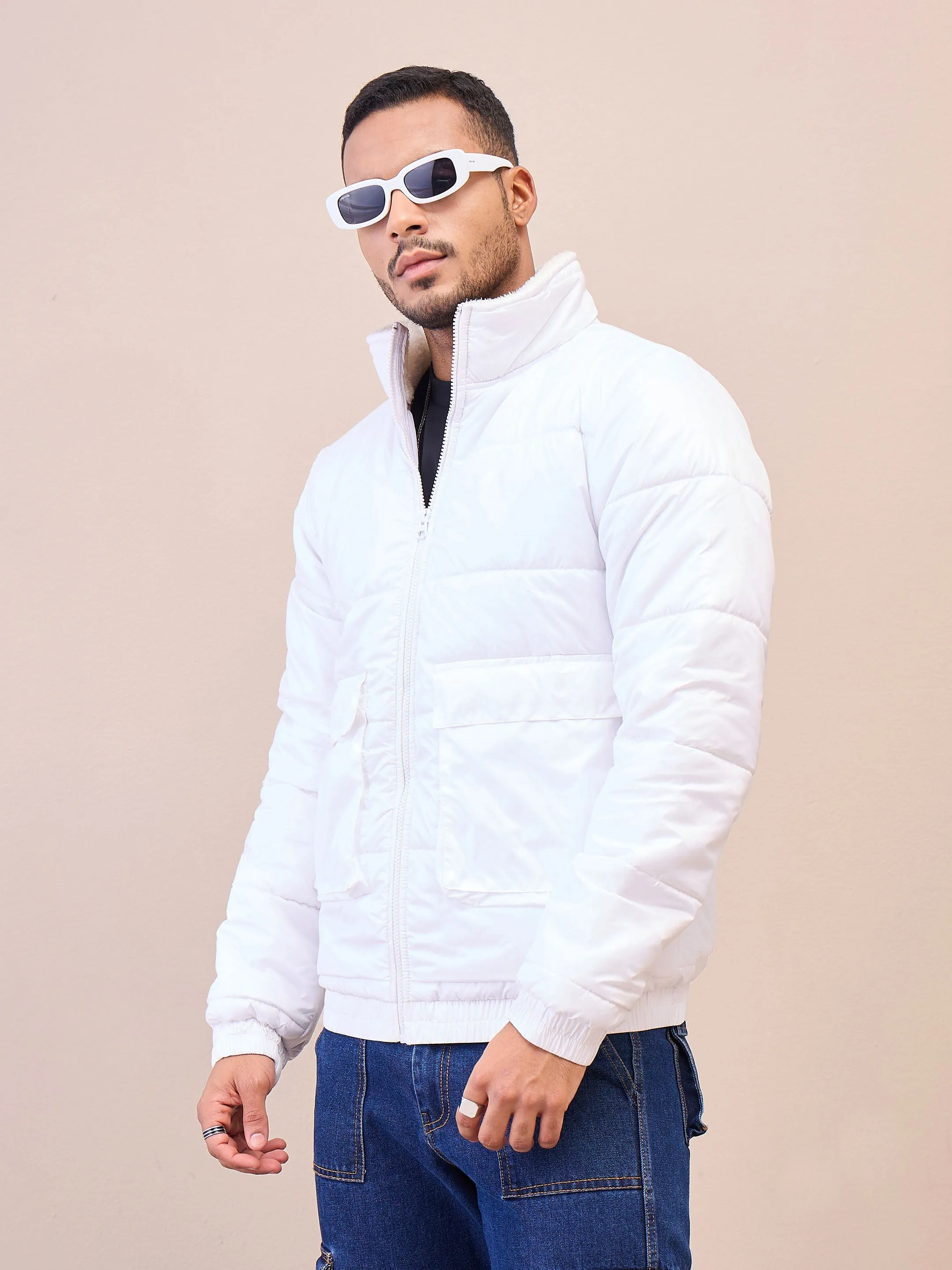 Men White Fur Collar Puffer Jacket