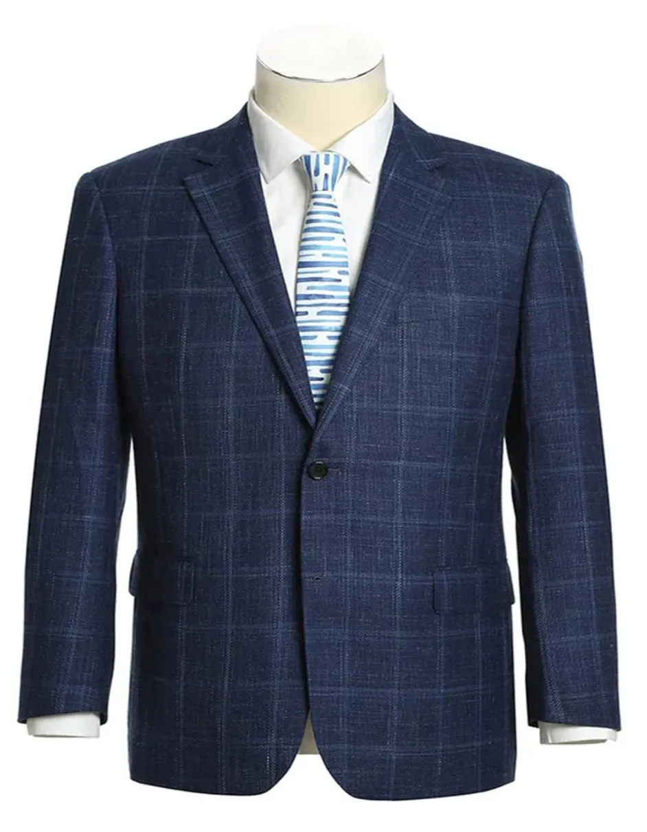 Mens Two Button Classic Fit Wool Sport Coat Navy Blue Windowpane Plaid Blazer