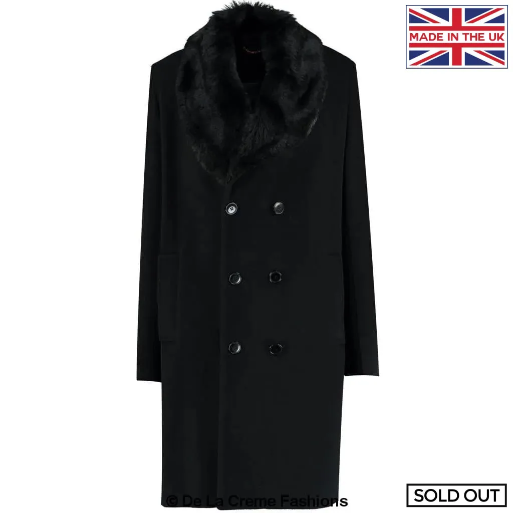 Mens Wool Mix Overcoat With Faux Fur Collar