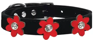 Metallic Flower Leather Collar Black With Metallic Red Flowers Size 10