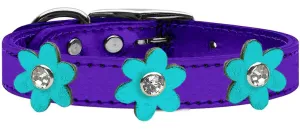 Metallic Flower Leather Collar Metallic Purple With Metallic Orange Flowers Size 16