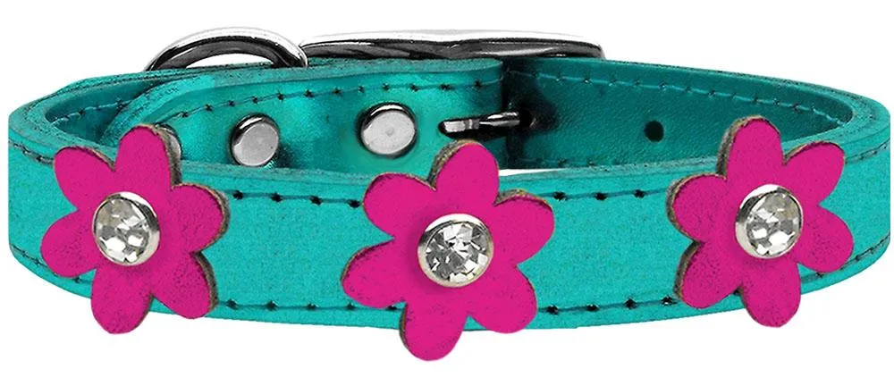 Metallic Flower Leather Collar Metallic Turquoise With Metallic Pink Flowers Size 18