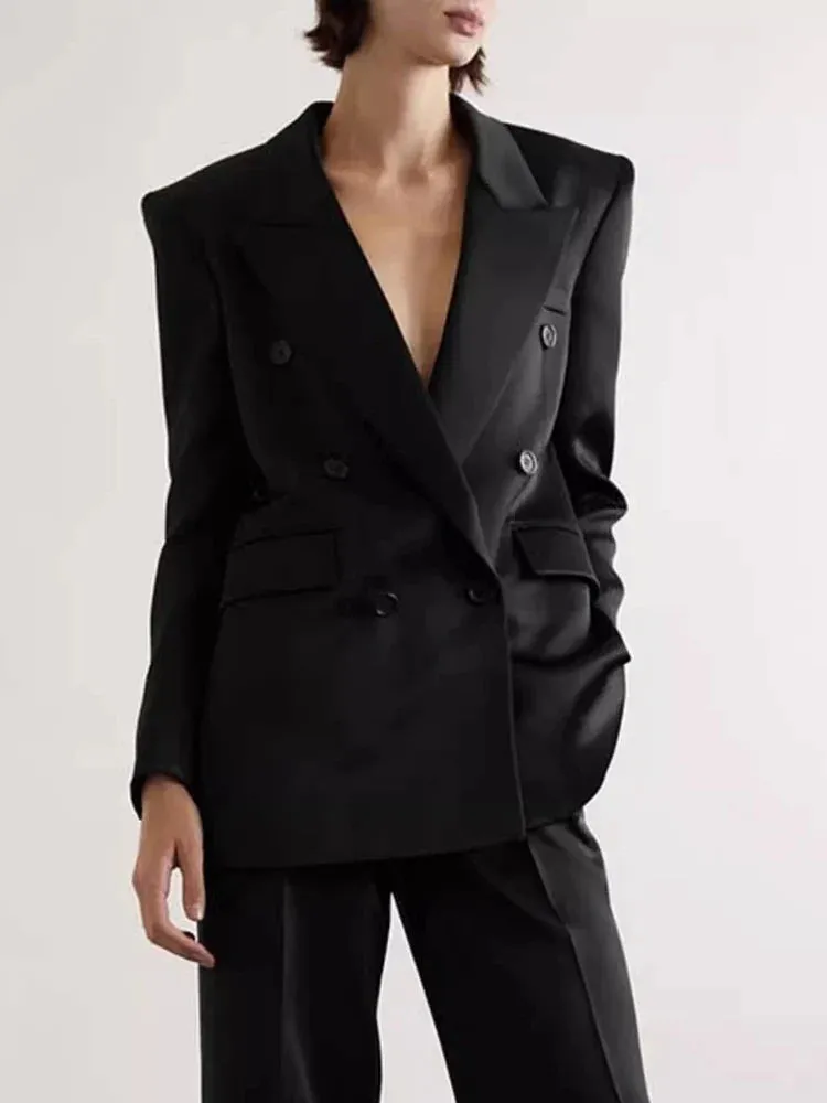 Metaversmall Elegant Patchwork Button Solid Blazers For Women Notched Collar Long Sleeve Spliced Pockets Minimalist Slimming Coat Female