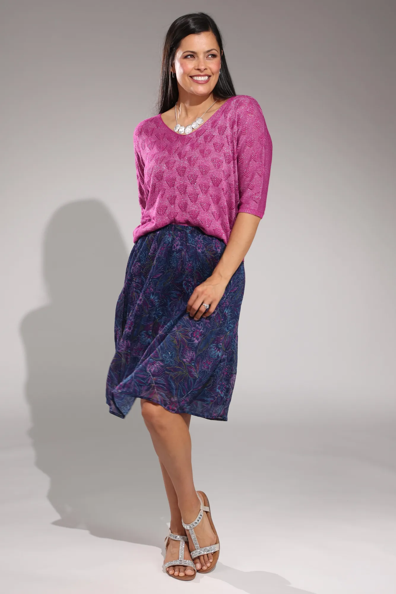 Mini pleat printed Chiffon Skirt | Navy Purple Sketch | 8574A1