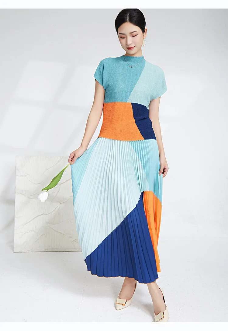 Miyake Pleated Color Block Top & Long Skirt Set