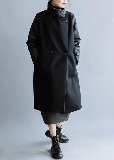 New black wool coat plus size medium length jackets double breast pockets winter women coats