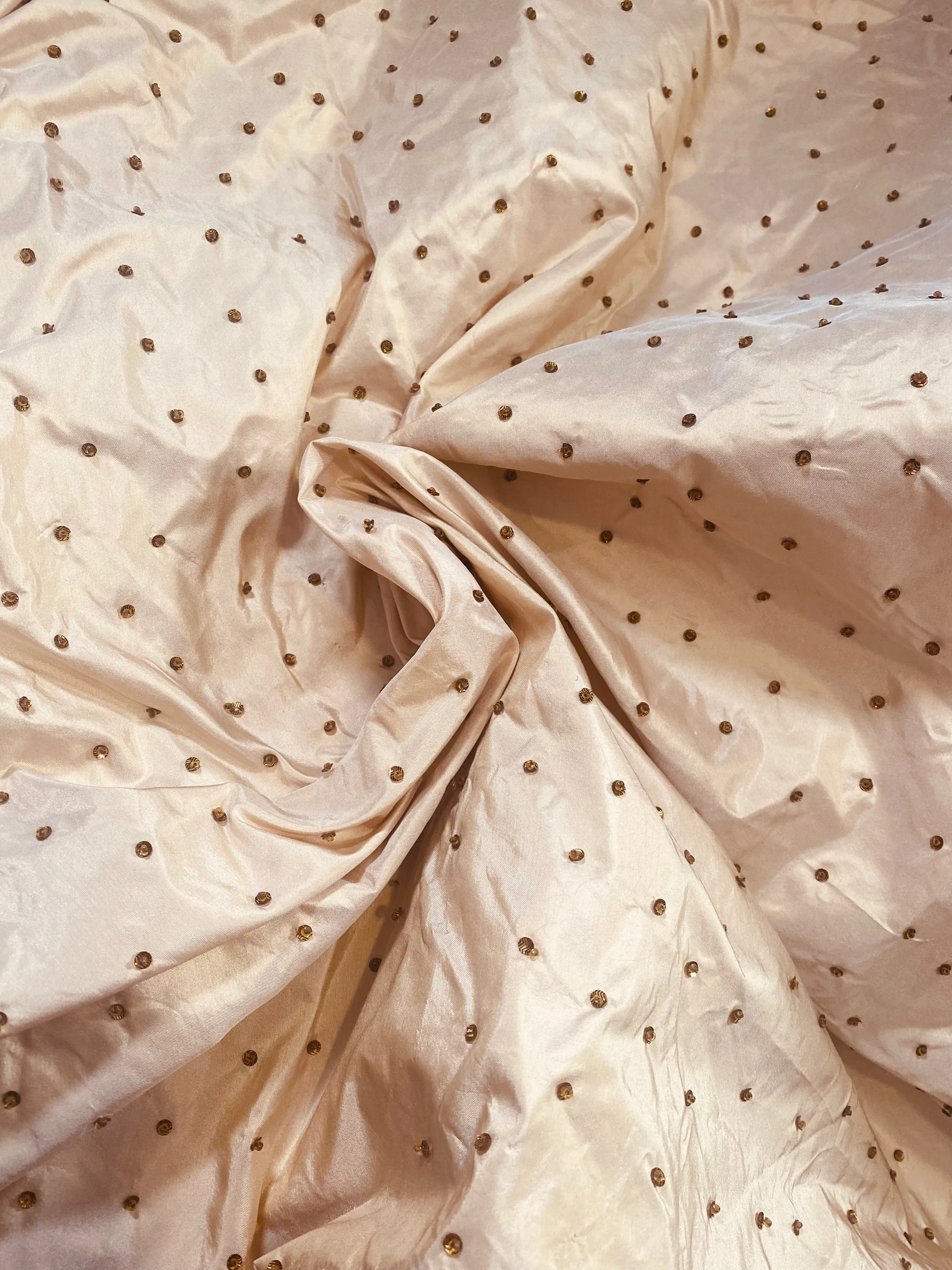 NEW Novelty Couture 100% Silk Taffeta Copper Crystal Beaded Fabric Cream