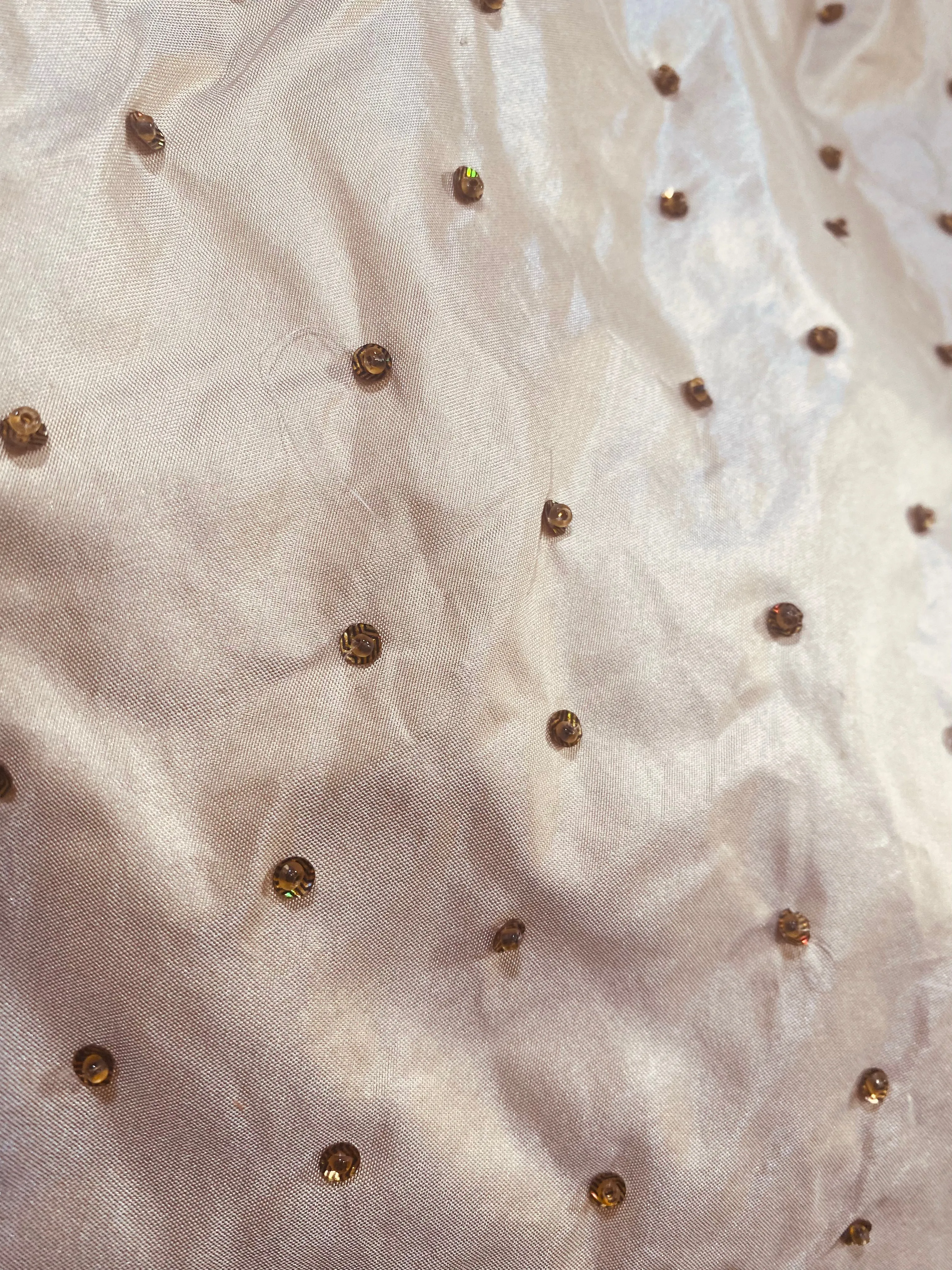 NEW Novelty Couture 100% Silk Taffeta Copper Crystal Beaded Fabric Cream