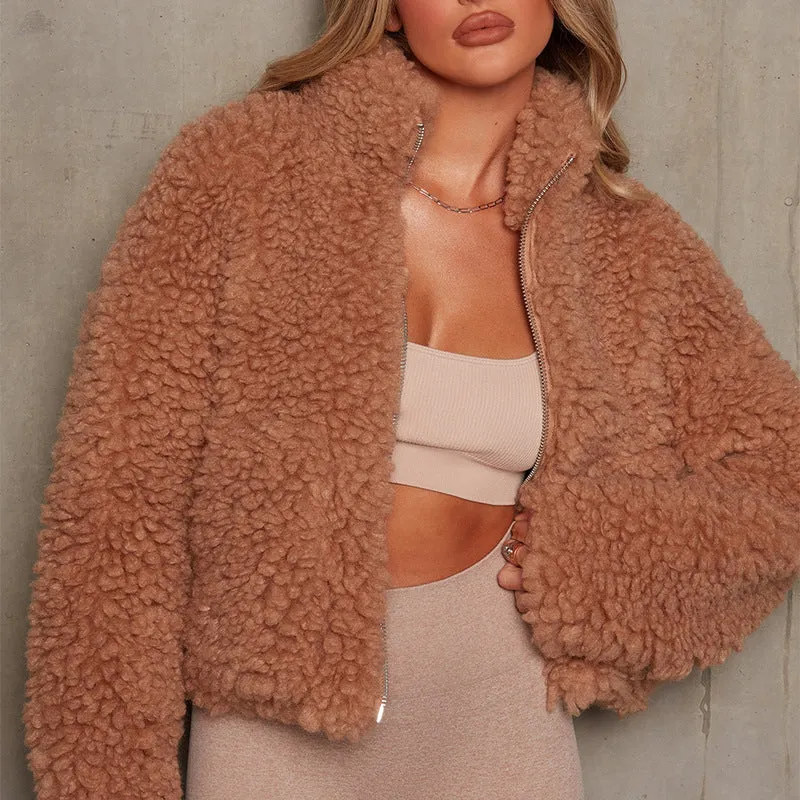 New plush cardigan, cropped jacket, lamb wool coat women